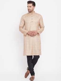 Vastramay - Mens Beige with Black Silk Blend Kurta and Pyjama (Set of 2)