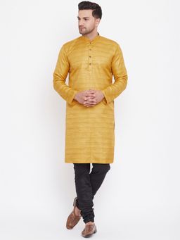 Vastramay - Mens Mustard with Black Silk Blend Kurta and Pyjama (Set of 2)