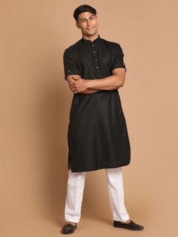 Vastramay - Mens Black with White Cotton Blend Kurta and Pyjama (Set of 2)