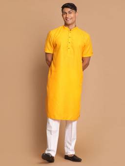 Vastramay - Mens Mustard with White Cotton Blend Kurta and Pyjama (Set of 2)