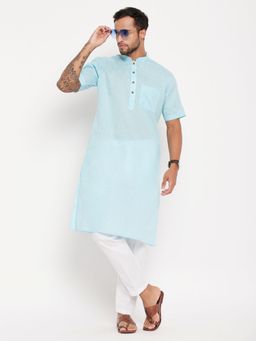 Vastramay - Mens Aqua with White Cotton Kurta and Pyjama (Set of 2)