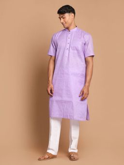 Vastramay - Mens Purple with White Cotton Blend Kurta and Pyjama (Set of 2)