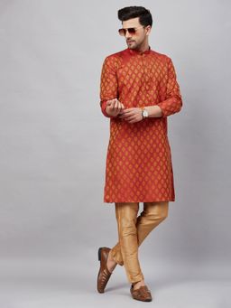 Vastramay - Mens Red with Rose Gold Silk Blend Kurta and Pyjama (Set of 2)