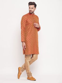 Vastramay - Mens Red with Rose Gold Silk Blend Kurta and Pyjama (Set of 2)