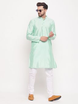 Vastramay - Mens Green with White Silk Blend Kurta and Pyjama (Set of 2)