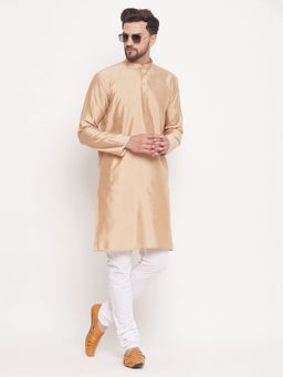 Vastramay - Mens Beige with White Silk Blend Kurta and Pyjama (Set of 2)