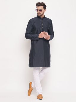 Vastramay - Mens Navy Blue with White Silk Blend Kurta and Pyjama (Set of 2)