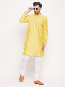 Vastramay - Mens Yellow with White Silk Blend Kurta and Pyjama (Set of 2)
