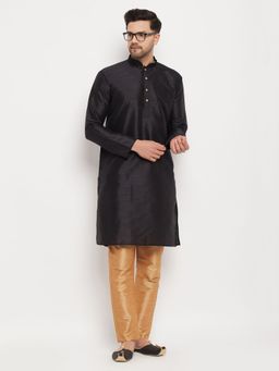 Vastramay - Mens Black Rose Gold Silk Blend Kurta and Pyjama (Set of 2)