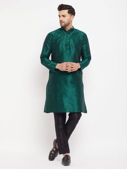 Vastramay - Mens Green Black Silk Blend Kurta and Pyjama (Set of 2)