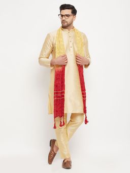 Vastramay - Mens Gold Silk Blend Kurta Pyjama and Dupatta (Set of 3)
