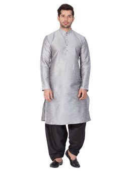 Vastramay - Mens Grey Silk Blend Kurta and Dhoti (Set of 2)