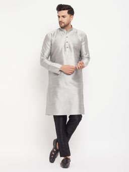 Vastramay - Mens Grey with Black Silk Blend Kurta and Pyjama (Set of 2)