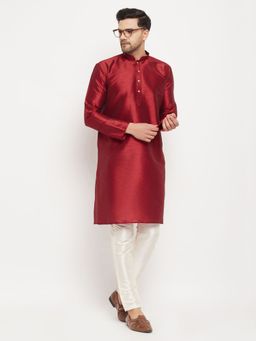 Vastramay - Mens Maroon with Cream Silk Blend Kurta and Pyjama (Set of 2)