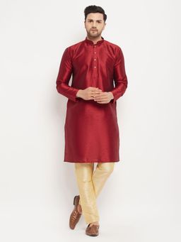 Vastramay - Mens Maroon with Gold Silk Blend Kurta and Pyjama (Set of 2)