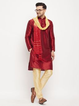 Vastramay - Mens Maroon with Gold Silk Blend Kurta Pyjama and Dupatta (Set of 3)