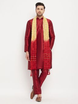 Vastramay - Mens Maroon Silk Blend Kurta Pyjama and Dupatta (Set of 3)
