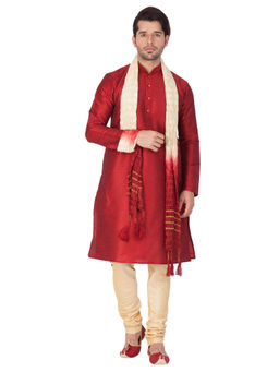 Vastramay - Mens Maroon Silk Blend Kurta Pyjama and Dupatta (Set of 3)
