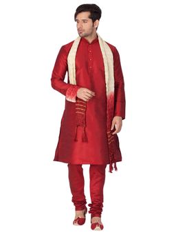 Vastramay - Mens Maroon Silk Blend Kurta Pyjama and Dupatta (Set of 3)
