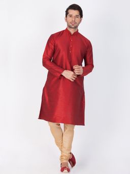 Vastramay - Mens Maroon Silk Blend Kurta and Churidar (Set of 2)