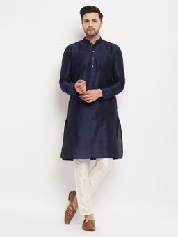 Vastramay - Mens Navy Blue with Cream Silk Blend Kurta and Pyjama (Set of 2)