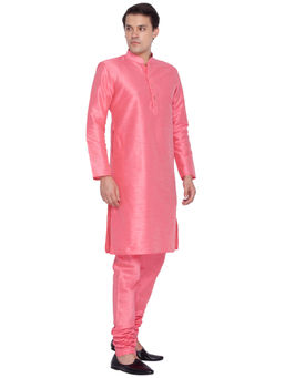 Vastramay - Mens Pink Silk Blend Kurta and Churidar (Set of 2)