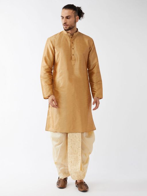 Vastramay Mens Solid Kurta with Embroidered Traditional Dhoti (Set of 2)