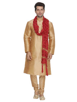 Vastramay - Mens Gold Silk Blend Kurta Pyjama and Dupatta (Set of 3)