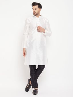 Vastramay - Mens White with Black Silk Blend Kurta and Pyjama (Set of 2)