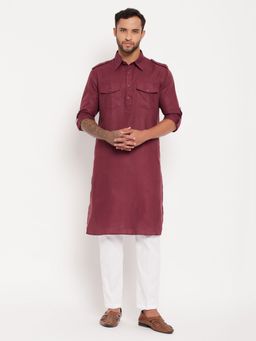 Vastramay - Mens Wine with White Cotton Blend Kurta and Pyjama (Set of 2)