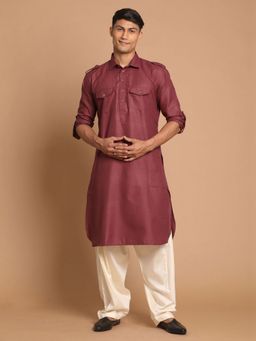 Vastramay - Mens Purple with Cream Cotton Blend Pathani Kurta and Pyjama (Set of 2)
