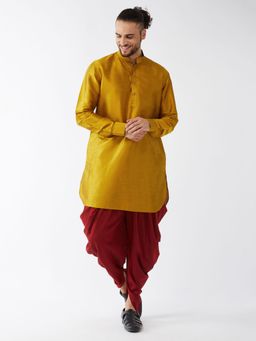 Vastramay - Mens Mustard with Maroon Silk Blend Kurta and Dhoti (Set of 2)