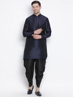 Vastramay - Mens Dark Blue Silk Blend Kurta and Dhoti (Set of 2)