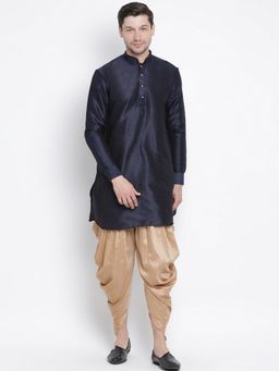 Vastramay - Mens Dark Blue Silk Blend Kurta and Dhoti (Set of 2)