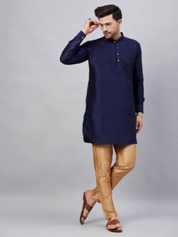Vastramay - Mens Navy Blue with Rose Gold Cotton Blend Kurta and Pyjama (Set of 2)