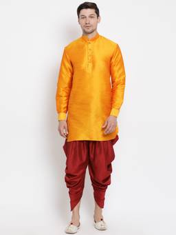 Vastramay - Mens Orange Silk Blend Kurta and Dhoti (Set of 2)