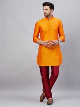 Vastramay - Mens Yellow with Maroon Cotton Blend Kurta and Pyjama (Set of 2)