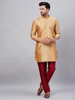 Vastramay - Mens Rose Gold with Maroon Cotton Blend Kurta and Pyjama (Set of 2)