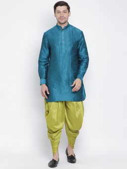 Vastramay - Mens Teal Silk Blend Kurta and Dhoti (Set of 2)