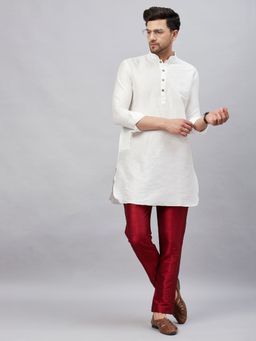 Vastramay - Mens White with Maroon Cotton Blend Kurta and Pyjama (Set of 2)