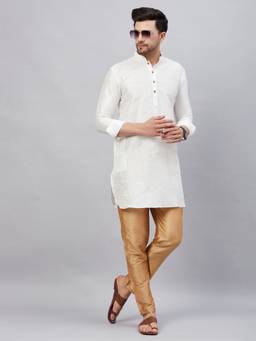 Vastramay - Mens White with Rose Gold Cotton Blend Kurta and Pyjama (Set of 2)
