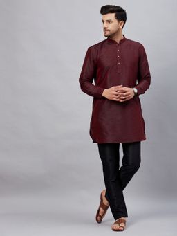 Vastramay - Mens Wine with Black Cotton Blend Kurta and Pyjama (Set of 2)