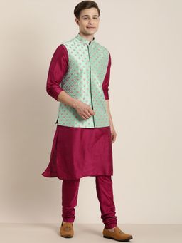 Vastramay - Mens Mint Green with Pink Poly Viscose Jacket Kurta and Pyjama (Set of 3)