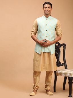 Vastramay - Mens Green with Rose Gold Viscose Jacket Kurta and Pyjama (Set of 3)