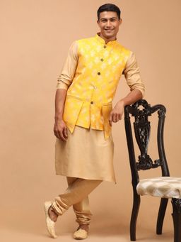 Vastramay - Mens Yellow with Rose Gold Viscose Jacket Kurta and Pyjama (Set of 3)