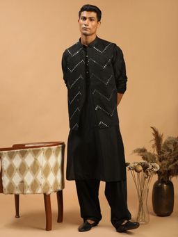 Vastramay - Mens Black Viscose Jacket Kurta and Pyjama (Set of 3)