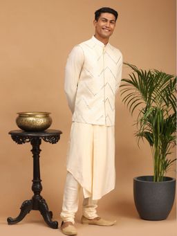 Vastramay - Mens Cream Viscose Jacket Kurta and Pyjama (Set of 3)