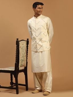 Vastramay - Mens Cream Viscose Jacket Kurta and Pyjama (Set of 3)