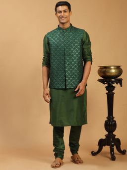 Vastramay - Mens Green Silk Blend Jacket Kurta and Pyjama (Set of 3)