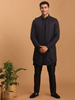 Vastramay - Mens Navy Blue with Black Silk Blend Jacket Kurta and Pyjama (Set of 3)